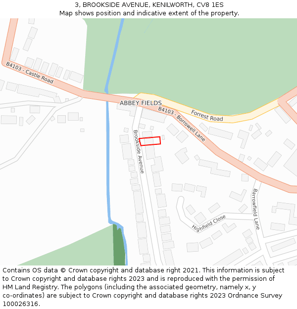 3, BROOKSIDE AVENUE, KENILWORTH, CV8 1ES: Location map and indicative extent of plot