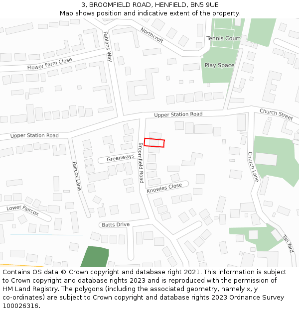 3, BROOMFIELD ROAD, HENFIELD, BN5 9UE: Location map and indicative extent of plot