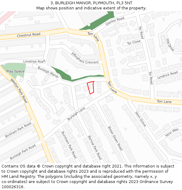 3, BURLEIGH MANOR, PLYMOUTH, PL3 5NT: Location map and indicative extent of plot