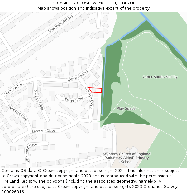 3, CAMPION CLOSE, WEYMOUTH, DT4 7UE: Location map and indicative extent of plot