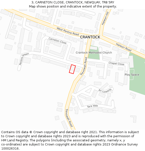 3, CARNETON CLOSE, CRANTOCK, NEWQUAY, TR8 5RY: Location map and indicative extent of plot