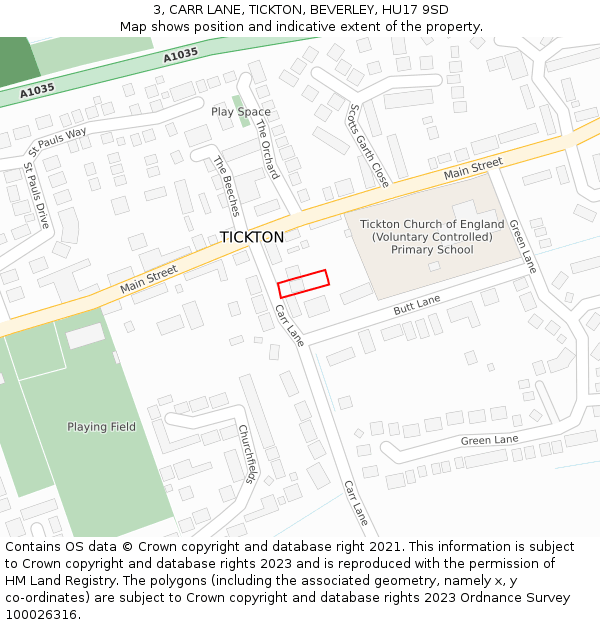 3, CARR LANE, TICKTON, BEVERLEY, HU17 9SD: Location map and indicative extent of plot