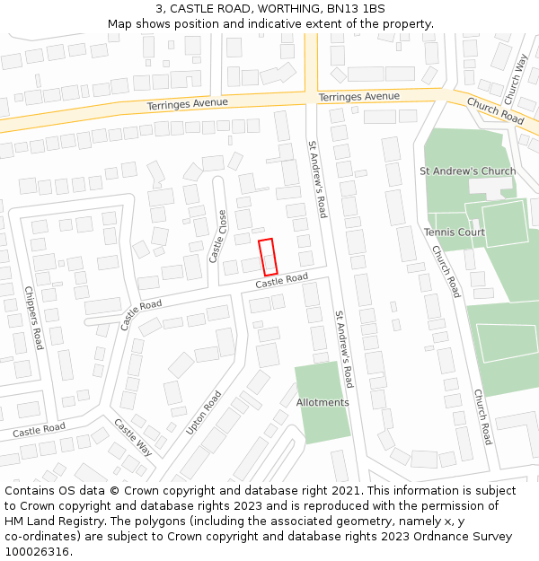 3, CASTLE ROAD, WORTHING, BN13 1BS: Location map and indicative extent of plot