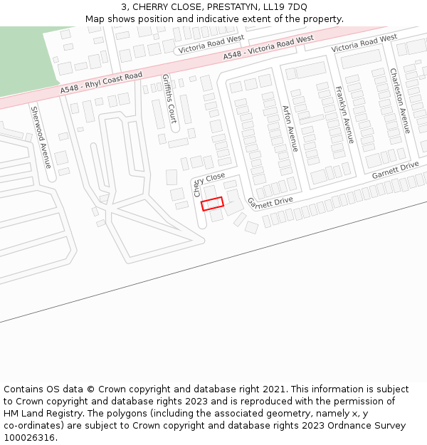 3, CHERRY CLOSE, PRESTATYN, LL19 7DQ: Location map and indicative extent of plot