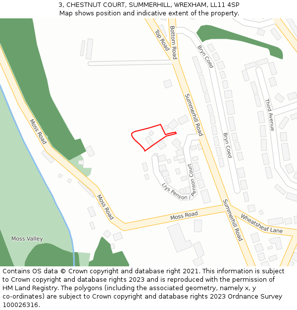 3, CHESTNUT COURT, SUMMERHILL, WREXHAM, LL11 4SP: Location map and indicative extent of plot