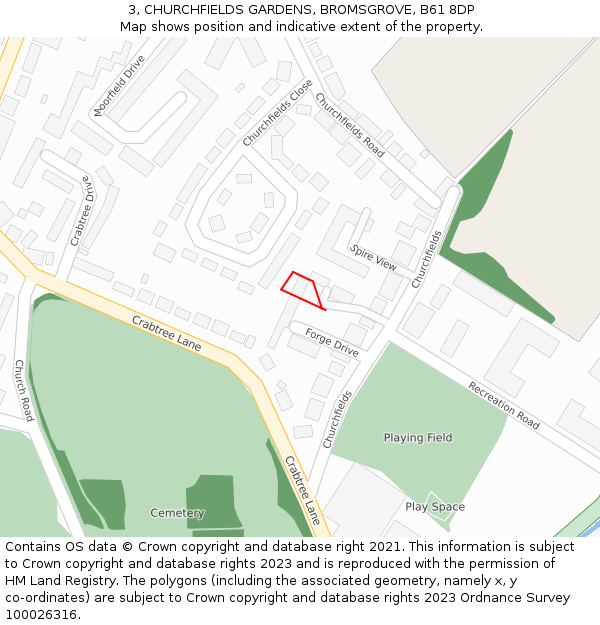 3, CHURCHFIELDS GARDENS, BROMSGROVE, B61 8DP: Location map and indicative extent of plot