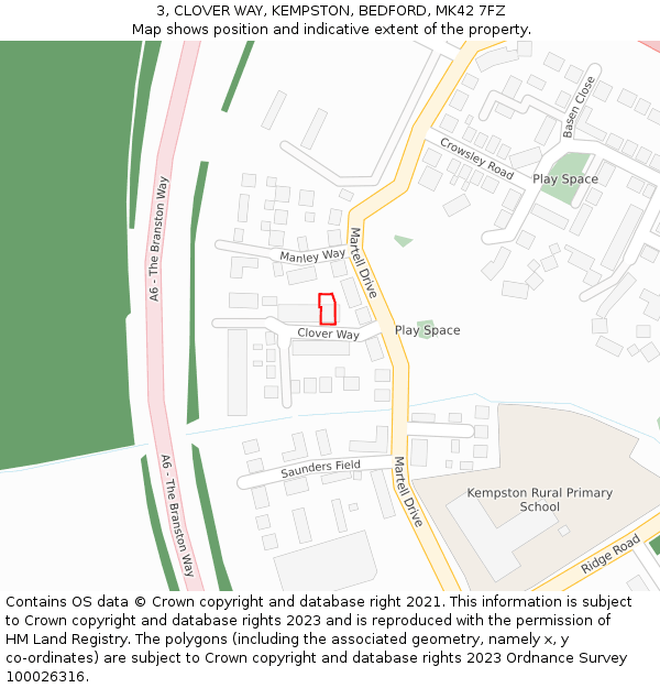 3, CLOVER WAY, KEMPSTON, BEDFORD, MK42 7FZ: Location map and indicative extent of plot