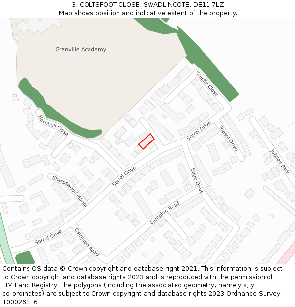 3, COLTSFOOT CLOSE, SWADLINCOTE, DE11 7LZ: Location map and indicative extent of plot