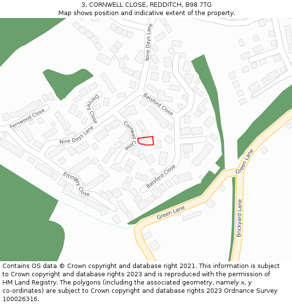 3, CORNWELL CLOSE, REDDITCH, B98 7TG: Location map and indicative extent of plot