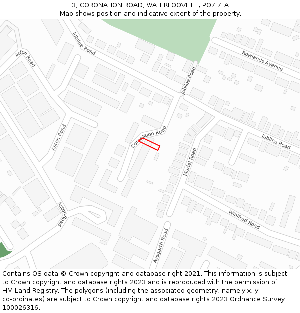 3, CORONATION ROAD, WATERLOOVILLE, PO7 7FA: Location map and indicative extent of plot
