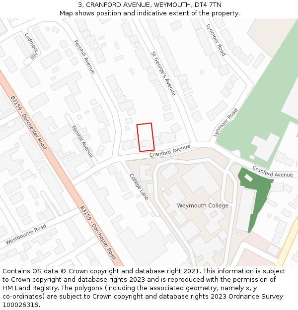 3, CRANFORD AVENUE, WEYMOUTH, DT4 7TN: Location map and indicative extent of plot