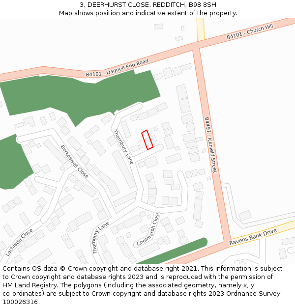 3, DEERHURST CLOSE, REDDITCH, B98 8SH: Location map and indicative extent of plot