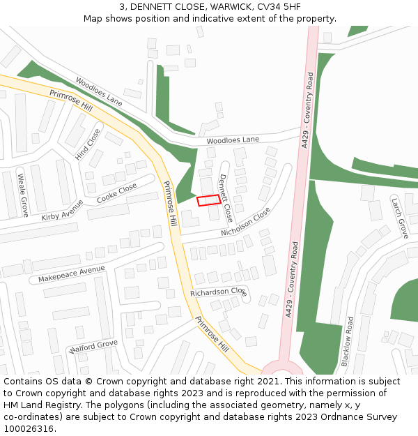 3, DENNETT CLOSE, WARWICK, CV34 5HF: Location map and indicative extent of plot