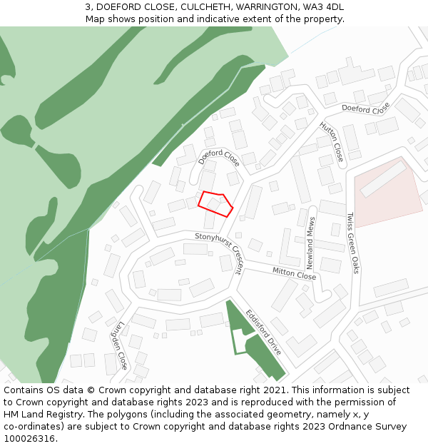 3, DOEFORD CLOSE, CULCHETH, WARRINGTON, WA3 4DL: Location map and indicative extent of plot