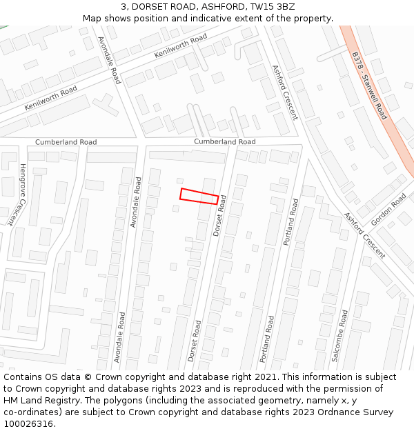 3, DORSET ROAD, ASHFORD, TW15 3BZ: Location map and indicative extent of plot