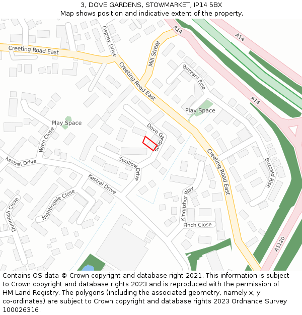 3, DOVE GARDENS, STOWMARKET, IP14 5BX: Location map and indicative extent of plot