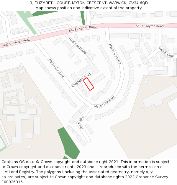 3, ELIZABETH COURT, MYTON CRESCENT, WARWICK, CV34 6QB: Location map and indicative extent of plot