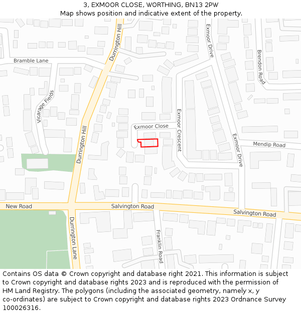 3, EXMOOR CLOSE, WORTHING, BN13 2PW: Location map and indicative extent of plot