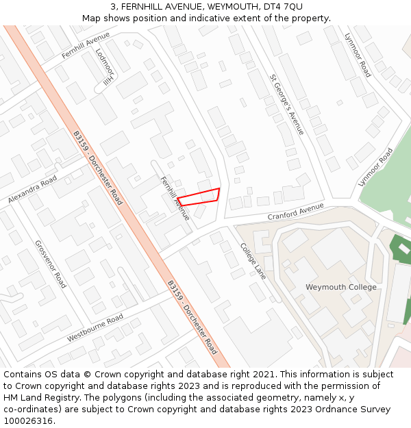 3, FERNHILL AVENUE, WEYMOUTH, DT4 7QU: Location map and indicative extent of plot