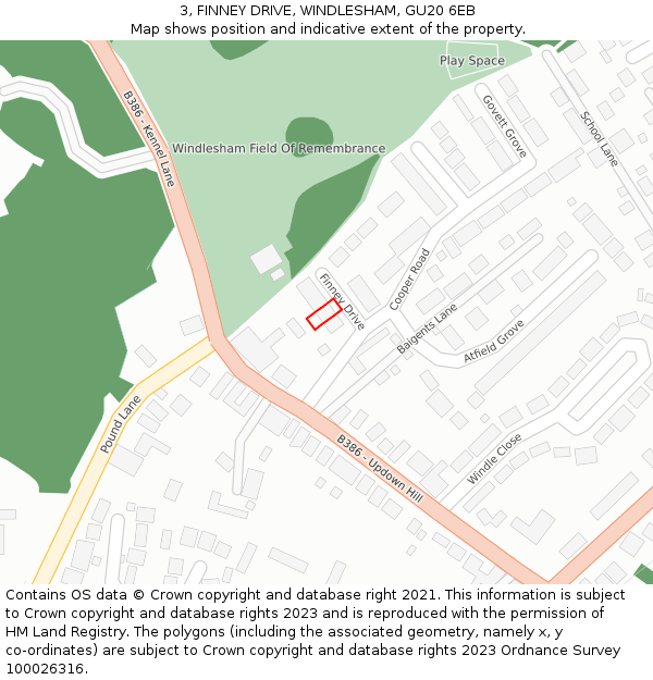 3, FINNEY DRIVE, WINDLESHAM, GU20 6EB: Location map and indicative extent of plot