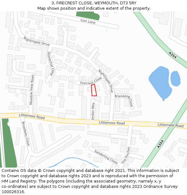 3, FIRECREST CLOSE, WEYMOUTH, DT3 5RY: Location map and indicative extent of plot