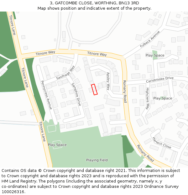 3, GATCOMBE CLOSE, WORTHING, BN13 3RD: Location map and indicative extent of plot