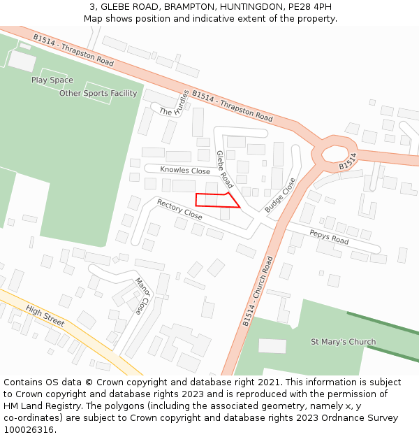 3, GLEBE ROAD, BRAMPTON, HUNTINGDON, PE28 4PH: Location map and indicative extent of plot