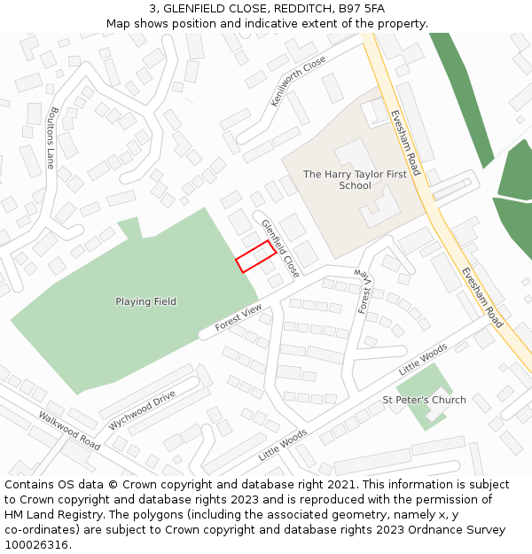 3, GLENFIELD CLOSE, REDDITCH, B97 5FA: Location map and indicative extent of plot