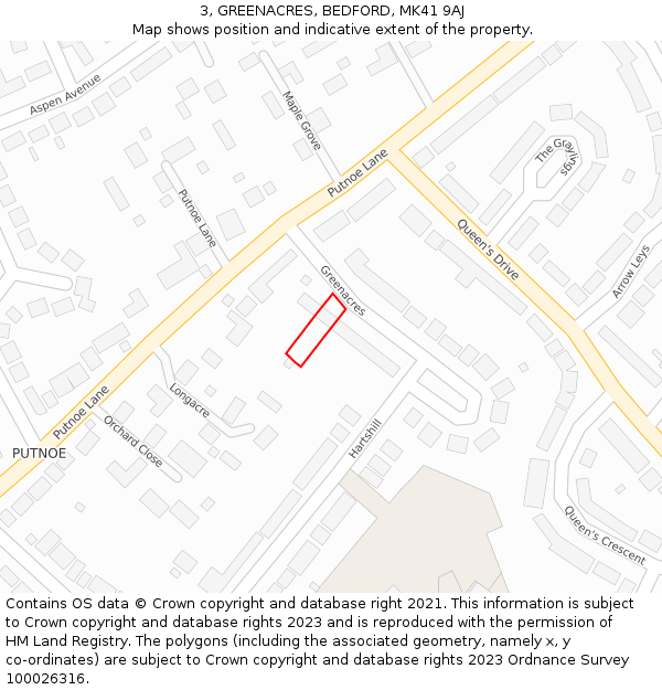 3, GREENACRES, BEDFORD, MK41 9AJ: Location map and indicative extent of plot