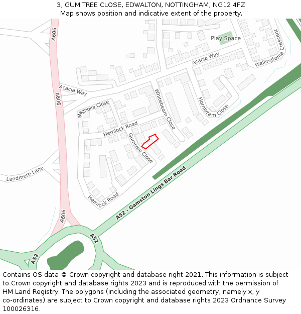 3, GUM TREE CLOSE, EDWALTON, NOTTINGHAM, NG12 4FZ: Location map and indicative extent of plot