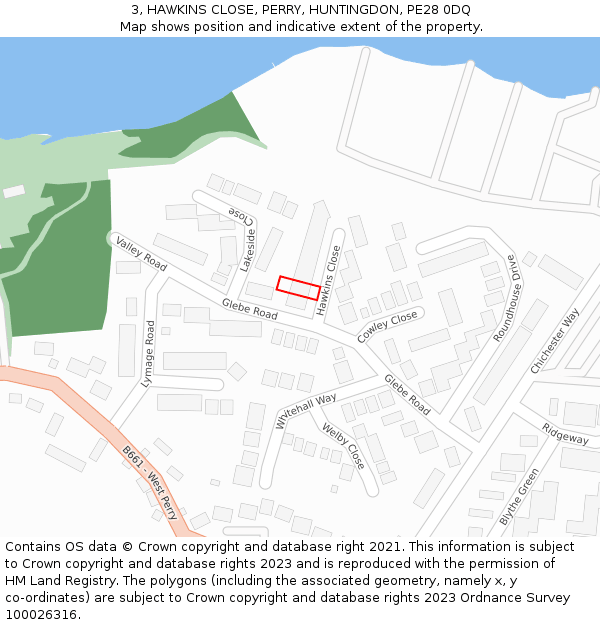 3, HAWKINS CLOSE, PERRY, HUNTINGDON, PE28 0DQ: Location map and indicative extent of plot