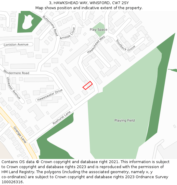 3, HAWKSHEAD WAY, WINSFORD, CW7 2SY: Location map and indicative extent of plot