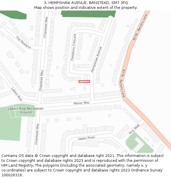 3, HEMPSHAW AVENUE, BANSTEAD, SM7 3PQ: Location map and indicative extent of plot