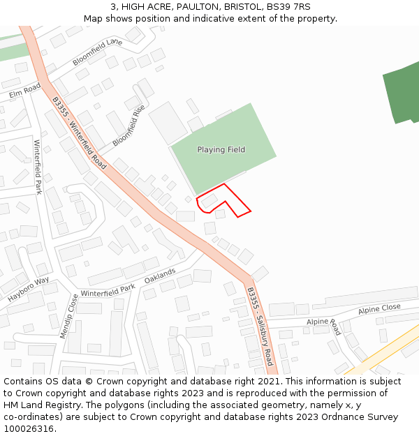 3, HIGH ACRE, PAULTON, BRISTOL, BS39 7RS: Location map and indicative extent of plot