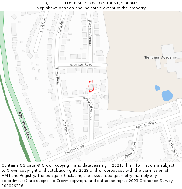 3, HIGHFIELDS RISE, STOKE-ON-TRENT, ST4 8NZ: Location map and indicative extent of plot