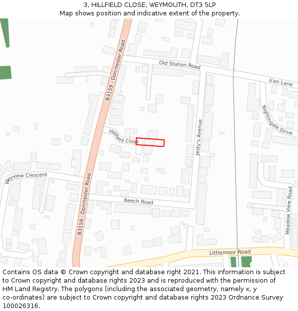 3, HILLFIELD CLOSE, WEYMOUTH, DT3 5LP: Location map and indicative extent of plot