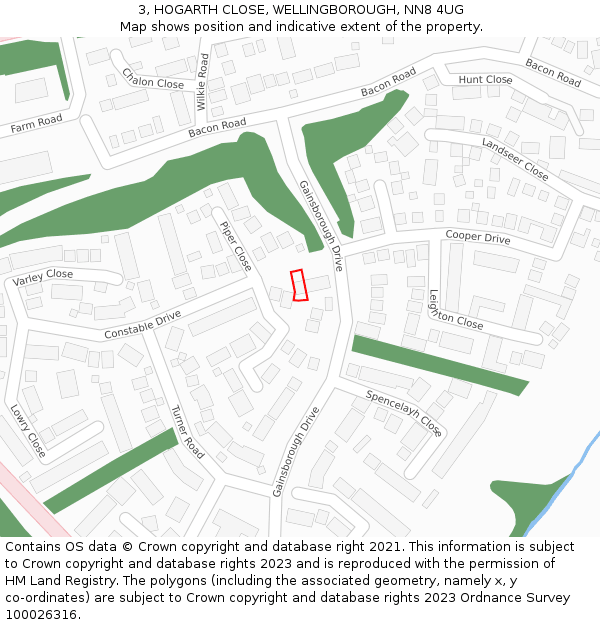 3, HOGARTH CLOSE, WELLINGBOROUGH, NN8 4UG: Location map and indicative extent of plot