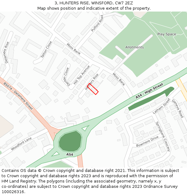 3, HUNTERS RISE, WINSFORD, CW7 2EZ: Location map and indicative extent of plot