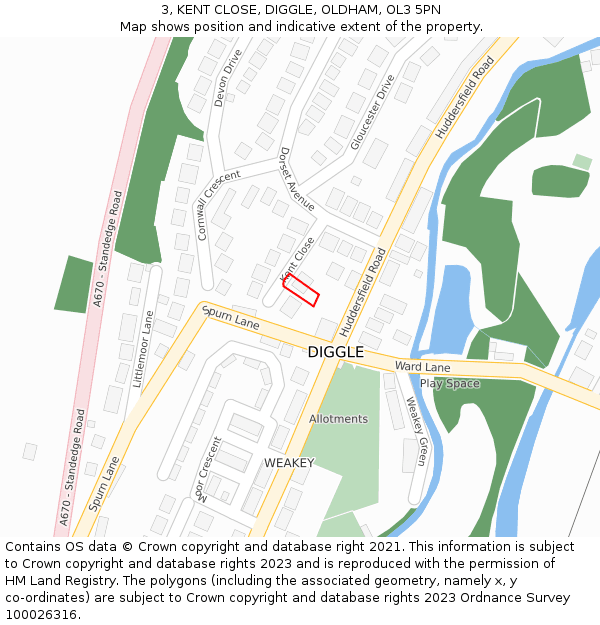 3, KENT CLOSE, DIGGLE, OLDHAM, OL3 5PN: Location map and indicative extent of plot