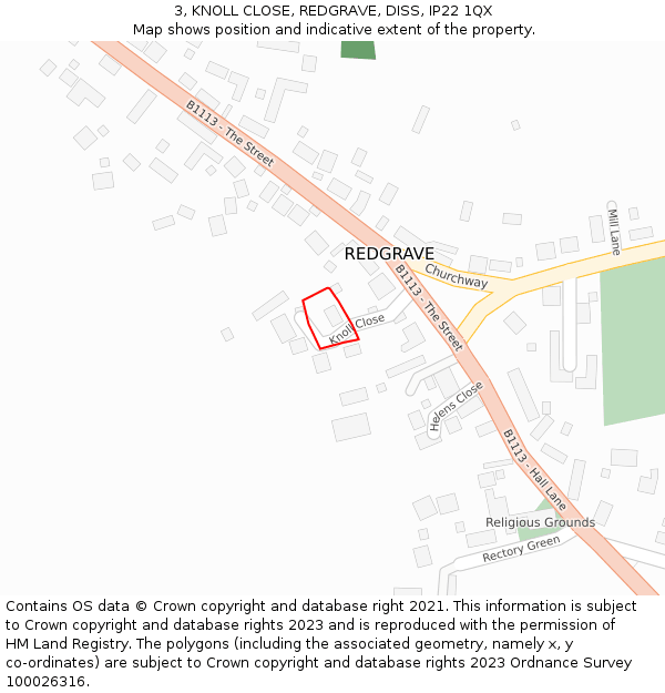 3, KNOLL CLOSE, REDGRAVE, DISS, IP22 1QX: Location map and indicative extent of plot