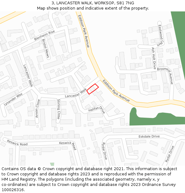 3, LANCASTER WALK, WORKSOP, S81 7NG: Location map and indicative extent of plot