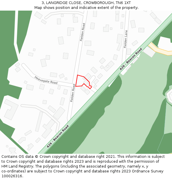 3, LANGRIDGE CLOSE, CROWBOROUGH, TN6 1XT: Location map and indicative extent of plot