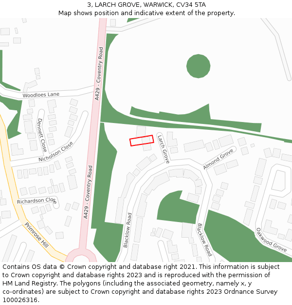 3, LARCH GROVE, WARWICK, CV34 5TA: Location map and indicative extent of plot