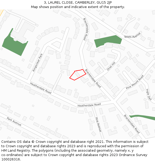 3, LAUREL CLOSE, CAMBERLEY, GU15 2JP: Location map and indicative extent of plot