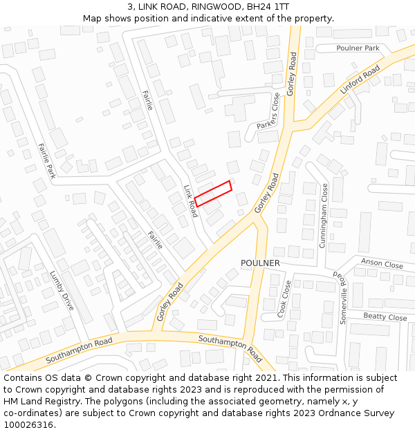 3, LINK ROAD, RINGWOOD, BH24 1TT: Location map and indicative extent of plot