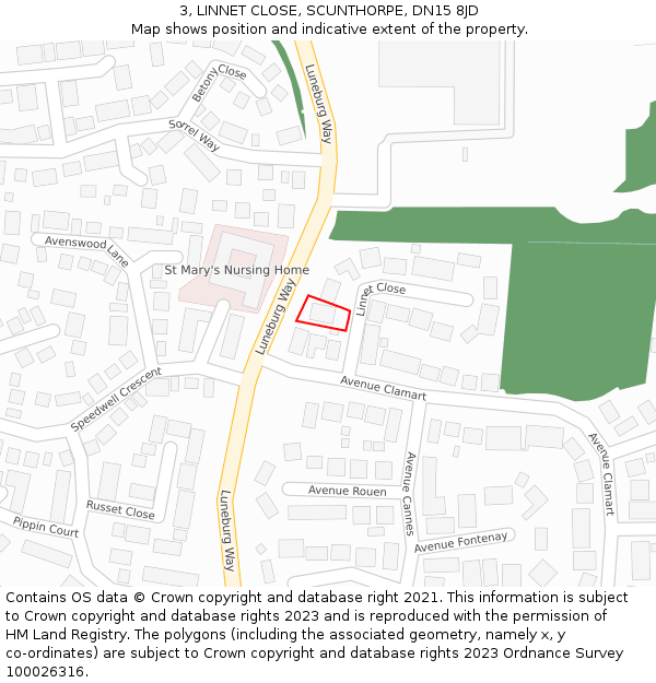 3, LINNET CLOSE, SCUNTHORPE, DN15 8JD: Location map and indicative extent of plot