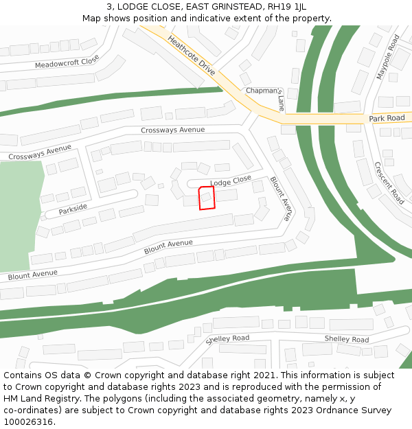 3, LODGE CLOSE, EAST GRINSTEAD, RH19 1JL: Location map and indicative extent of plot