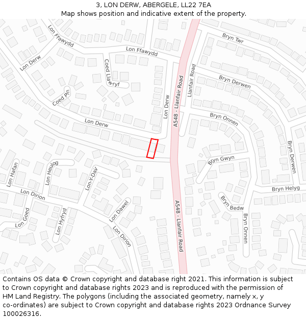 3, LON DERW, ABERGELE, LL22 7EA: Location map and indicative extent of plot