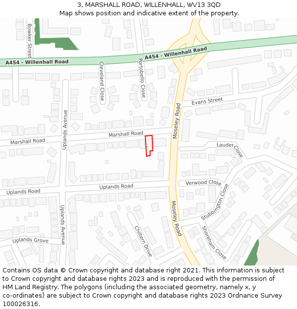3, MARSHALL ROAD, WILLENHALL, WV13 3QD: Location map and indicative extent of plot