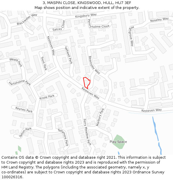 3, MASPIN CLOSE, KINGSWOOD, HULL, HU7 3EF: Location map and indicative extent of plot